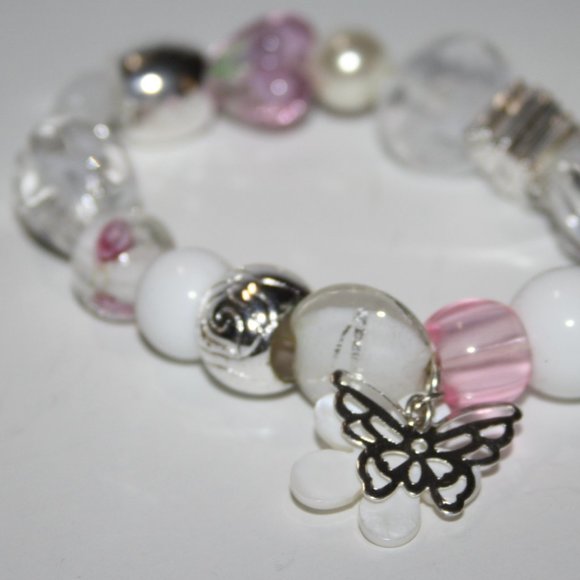 Beautiful white pink silver butterfly chunky bracelet 7"